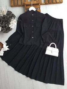 OLESA METAL DÜĞMELİ GÖMLEK KAT KAT ETEKLİ İKİLİ TAKIM A10-5-1615-01-SİYAH - 