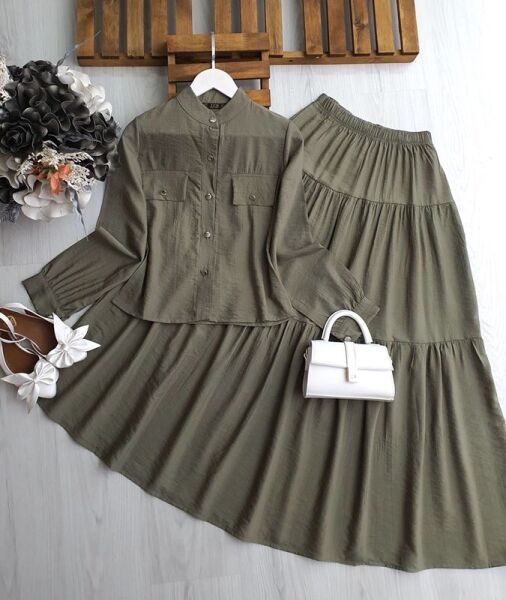 OLESA METAL DÜĞMELİ GÖMLEK KAT KAT ETEKLİ İKİLİ TAKIM A10-5-1615-09-HAKİ - 1