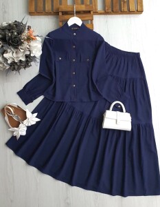 OLESA METAL DÜĞMELİ GÖMLEK KAT KAT ETEKLİ İKİLİ TAKIM A10-5-1615-12-LACİVERT - 