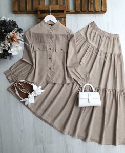 OLESA METAL DÜĞMELİ GÖMLEK KAT KAT ETEKLİ İKİLİ TAKIM A10-5-1615-34-BEJ - 