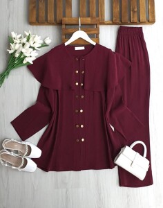 OLGEC ÇİFT SIRA DÜĞMELİ OMUZ PELERİN TAKIM 1728-04-BORDO - 1