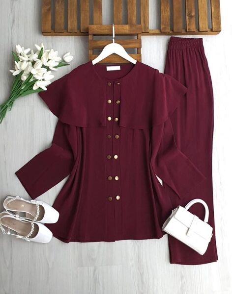 OLGEC ÇİFT SIRA DÜĞMELİ OMUZ PELERİN TAKIM 1728-04-BORDO - 1