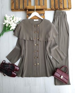 OLGEC ÇİFT SIRA DÜĞMELİ OMUZ PELERİN TAKIM 1728-09-HAKİ - 1