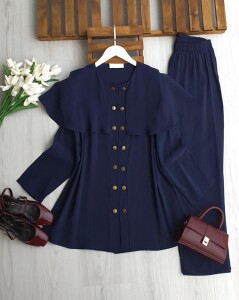 OLGEC ÇİFT SIRA DÜĞMELİ OMUZ PELERİN TAKIM A5-5-1728-12-LACİVERT - 1