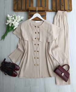 OLGEC ÇİFT SIRA DÜĞMELİ OMUZ PELERİN TAKIM 1728-34-BEJ - 1