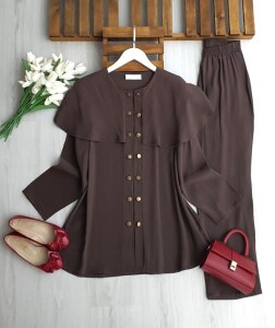 OLGEC ÇİFT SIRA DÜĞMELİ OMUZ PELERİN TAKIM 1728-37-KAHVE - 1