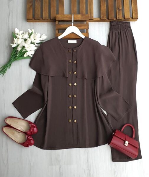 OLGEC ÇİFT SIRA DÜĞMELİ OMUZ PELERİN TAKIM 1728-37-KAHVE - 1