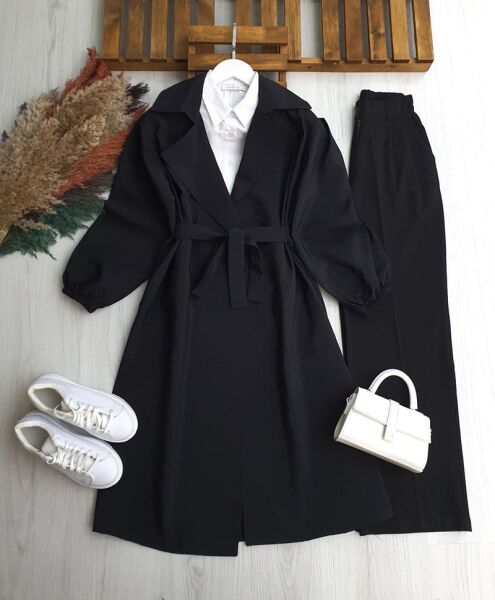 OLHES BELİ KEMERLİ CEPLİ BAHARLIK TRENÇ 3224-01-SİYAH - 1