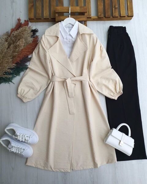 OLHES BELİ KEMERLİ CEPLİ BAHARLIK TRENÇ B3-1-3224-34-BEJ - 1