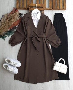 OLHES BELİ KEMERLİ CEPLİ BAHARLIK TRENÇ B3-1-3224-37-KAHVE - 