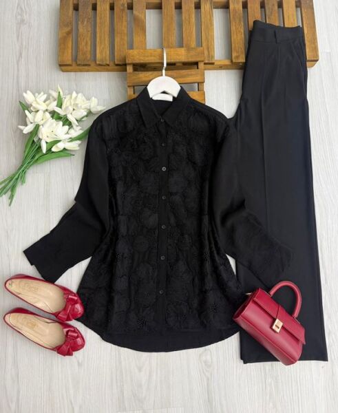 OLKE TÜL İŞLEMELİ GÖMLEK TUNİK B1-3-5675-01-SİYAH - 1