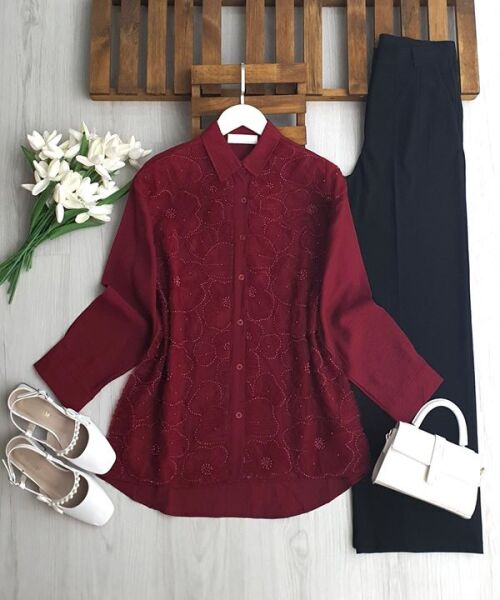 OLKE TÜL İŞLEMELİ GÖMLEK TUNİK B1-3-5675-04-BORDO - 1