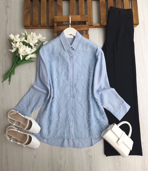 OLKE TÜL İŞLEMELİ GÖMLEK TUNİK B1-3-5675-10-MAVİ - 1