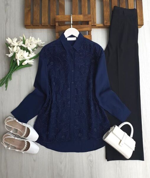 OLKE TÜL İŞLEMELİ GÖMLEK TUNİK B1-3-5675-12-LACİVERT - 1