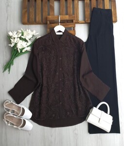 OLKE TÜL İŞLEMELİ GÖMLEK TUNİK B1-3-5675-37-KAHVE - 