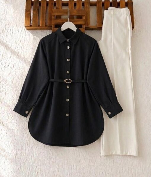 OLLE TOKALI KEMERLİ SALAŞ GÖMLEK TUNİK 5707-01-SİYAH - 1