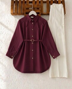 OLLE TOKALI KEMERLİ SALAŞ GÖMLEK TUNİK 5707-04-BORDO - 1