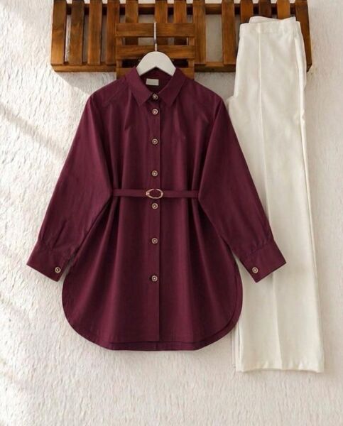 OLLE TOKALI KEMERLİ SALAŞ GÖMLEK TUNİK 5707-04-BORDO - 1