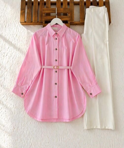 OLLE TOKALI KEMERLİ SALAŞ GÖMLEK TUNİK 5707-05-PUDRA - 1