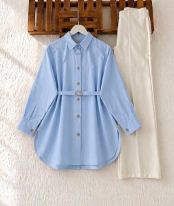 OLLE TOKALI KEMERLİ SALAŞ GÖMLEK TUNİK 5707-10-MAVİ - 1