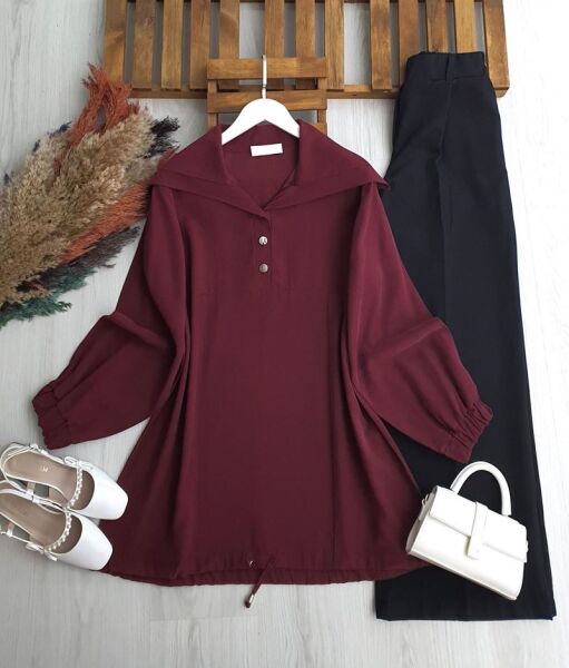 OLPES YARIM DÜĞMELİ ŞAL YAKA TUNİK B2-3-5672-04-BORDO - 1