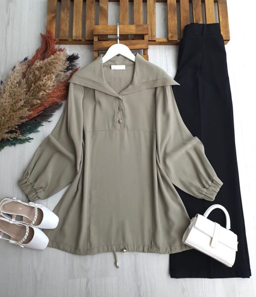 OLPES YARIM DÜĞMELİ ŞAL YAKA TUNİK B2-3-5672-09-HAKİ - 1