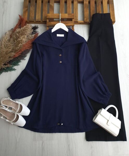 OLPES YARIM DÜĞMELİ ŞAL YAKA TUNİK B2-4-5672-12-LACİVERT - 1