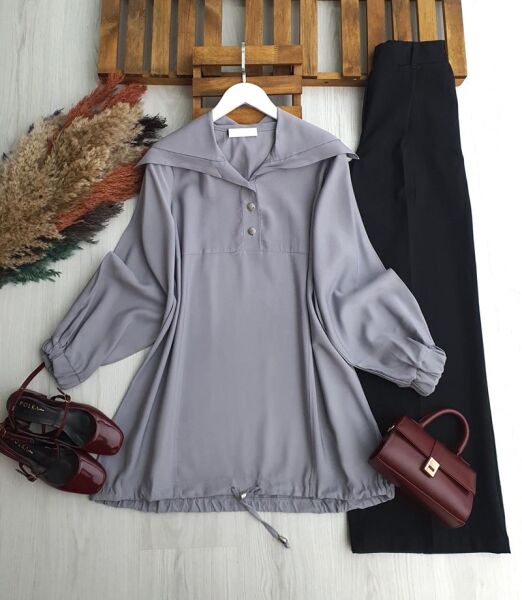 OLPES YARIM DÜĞMELİ ŞAL YAKA TUNİK B2-4-5672-26-GRİ - 1