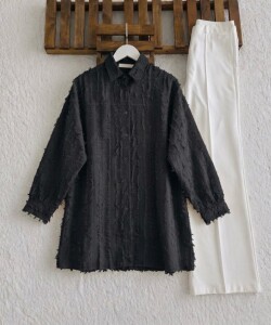 OLSYA PÜSKÜLLÜ KETEN SALAŞ GÖMLEK TUNİK B9-3-5737-01-SİYAH - 