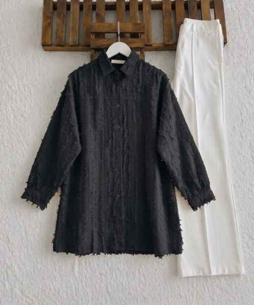 OLSYA PÜSKÜLLÜ KETEN SALAŞ GÖMLEK TUNİK B9-3-5737-01-SİYAH - 1