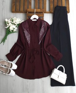OLZA OMUZ ŞALLI GÖMLEK TUNİK 5679-04-BORDO - 