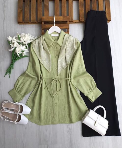 OLZA OMUZ ŞALLI GÖMLEK TUNİK 5679-07-YEŞİL - 1