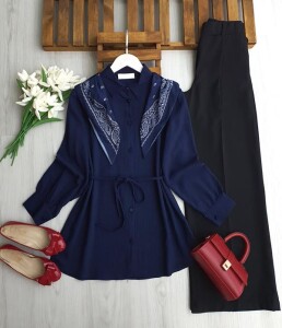 OLZA OMUZ ŞALLI GÖMLEK TUNİK 5679-12-LACİVERT - 