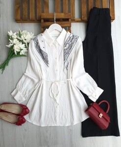 OLZA OMUZ ŞALLI GÖMLEK TUNİK 5679-20-BEYAZ - 