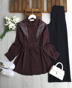 OLZA OMUZ ŞALLI GÖMLEK TUNİK 5679-37-KAHVE - 