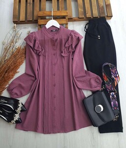 OMUZ FIRFIRLI ÇİZGİLİ DÜĞMELİ AYROBİN TUNİK A1-4-5156-61-ROSE - 