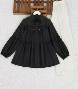 ONGE YAKA BAĞCIKLI KAT KAT SALAŞ TUNİK 5713-01-SİYAH - 1