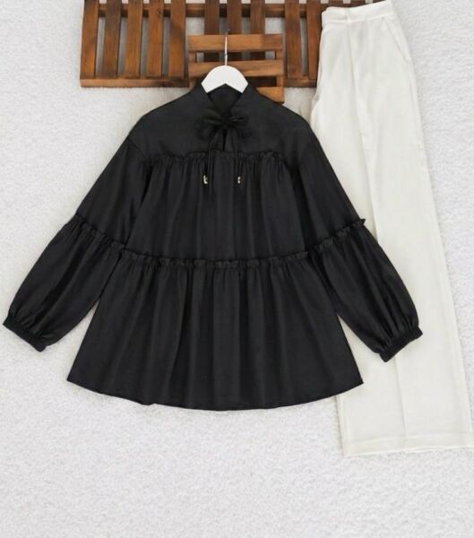 ONGE YAKA BAĞCIKLI KAT KAT SALAŞ TUNİK 5713-01-SİYAH - 1