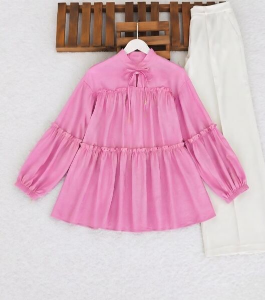 ONGE YAKA BAĞCIKLI KAT KAT SALAŞ TUNİK 5713-05-PUDRA - 1