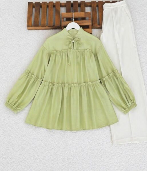 ONGE YAKA BAĞCIKLI KAT KAT SALAŞ TUNİK 5713-07-YEŞİL - 1