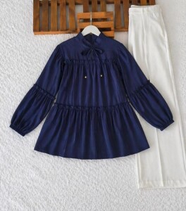 ONGE YAKA BAĞCIKLI KAT KAT SALAŞ TUNİK 5713-12-LACİVERT - 1