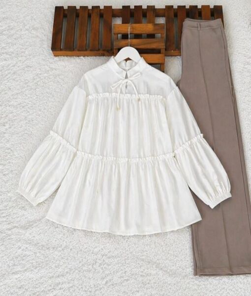 ONGE YAKA BAĞCIKLI KAT KAT SALAŞ TUNİK 5713-20-BEYAZ - 1