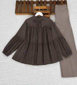 ONGE YAKA BAĞCIKLI KAT KAT SALAŞ TUNİK 5713-37-KAHVE - 