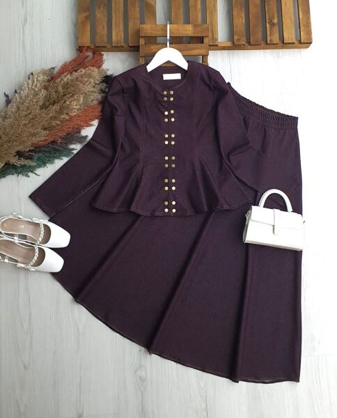 ONGES ÇITÇIT DÜĞMELİ PRENSES DİKİŞ KOT ETEKLİ TAKIM B3-1-1714-18-MÜRDÜM - 1