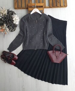 ONGES TAŞLI ÖNÜ FERMUARLI YUMOŞ HIRKA 8157-58-FÜME - 