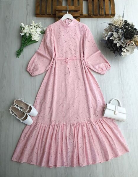 ONLS HAKİM YAKA ALTI FIRFIRLI ASTARLI BRODE ELBİSE B6-3-2420-05-PUDRA - 1