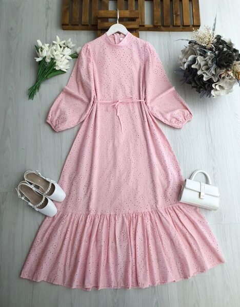 ONLS HAKİM YAKA ALTI FIRFIRLI ASTARLI BRODE ELBİSE B6-3-2420-05-PUDRA - 1