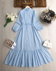 ONLS HAKİM YAKA ALTI FIRFIRLI ASTARLI BRODE ELBİSE B6-3-2420-10-MAVİ - 1