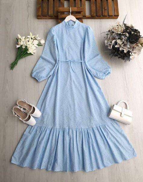 ONLS HAKİM YAKA ALTI FIRFIRLI ASTARLI BRODE ELBİSE B6-3-2420-10-MAVİ - 1