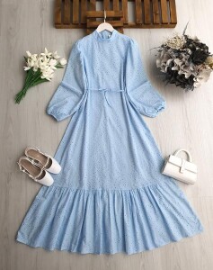 ONLS HAKİM YAKA ALTI FIRFIRLI ASTARLI BRODE ELBİSE B6-3-2420-10-MAVİ 